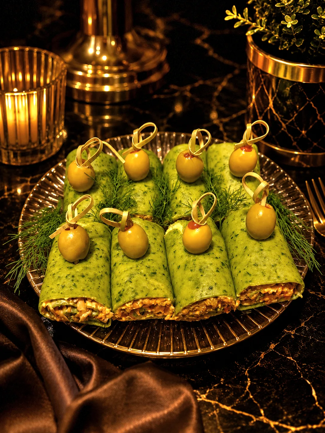 DOSHADO — green crepe rolls olives